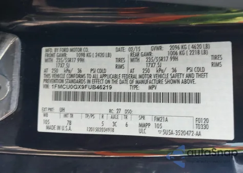 2015 Ford Escape Se z USA, uszkodzony, nr VIN 1FMCU0GX9FUB46219